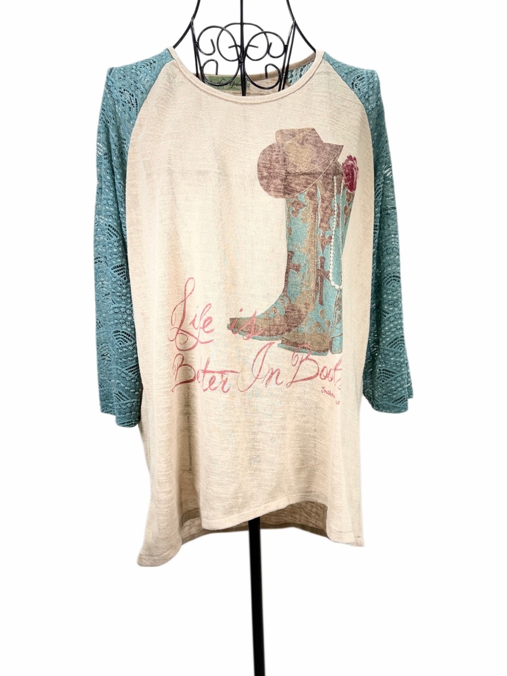 Southern Grace Cream Top with Teal and Brown Accents